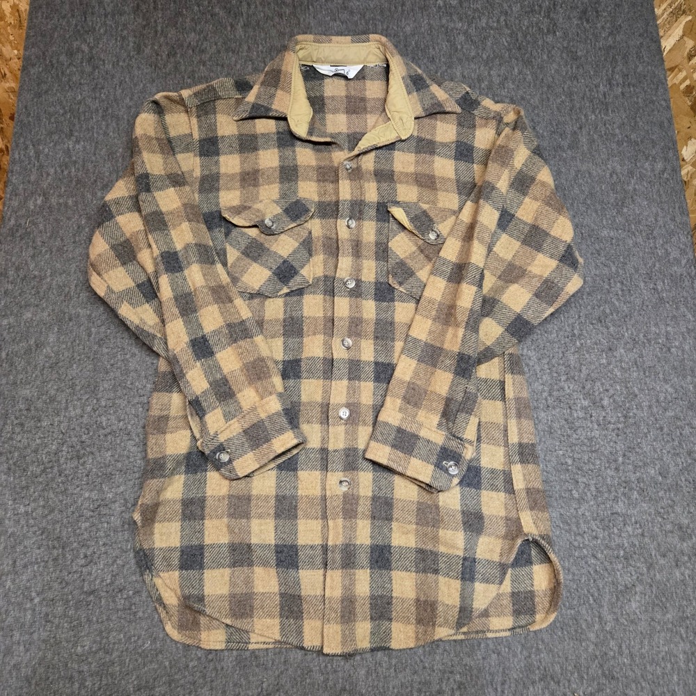 Vintage 70s Woolrich Flannel Shirt Mens Medium Brown Plaid Wool Blend Outdoor